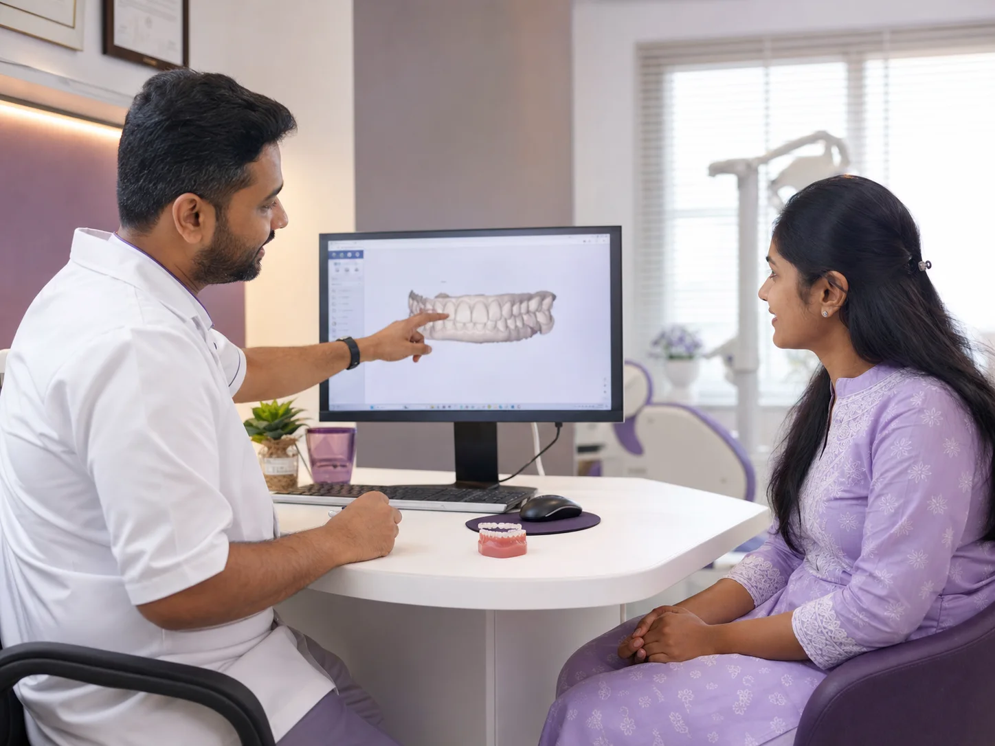 Orthodontic specialist reviewing a digital tooth scan with an adult patient