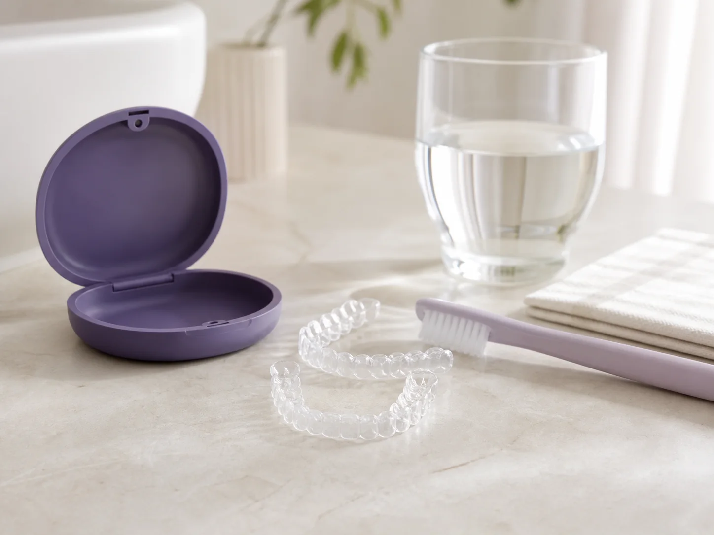 Clear aligners with their storage case and daily care essentials